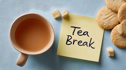 Tea break note with cup and cookies on table.