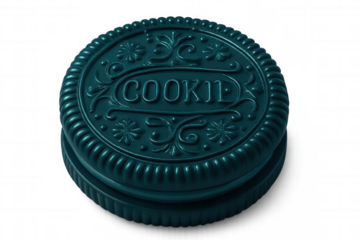 Decorated teal sandwich cookie featuring embossed details, cream filling against transparent background