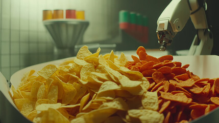 Assorted Potato Chips in a Bowl with Robotic Arm in Background