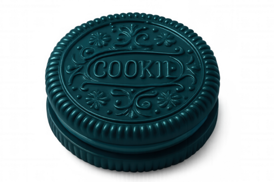 Decorated teal sandwich cookie featuring embossed details, cream filling against transparent background