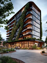 Modern Green Building with Retail Space and Outdoor Seating Area.