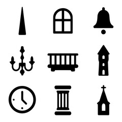 Fototapeta premium Architectural Silhouettes: A collection of iconic architectural elements arranged in a clean and structured grid, the timeless shapes of churches, clock and various iconic elements.