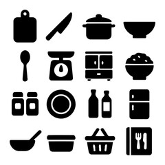 Kitchen Utensils Illustration: A meticulously designed, high-contrast monochrome illustration showcases a comprehensive assortment of essential kitchen tools, ready for your culinary adventure.