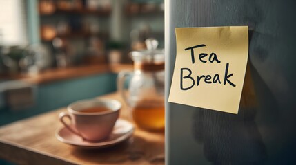 Sticky note reading tea break on computer monitor.