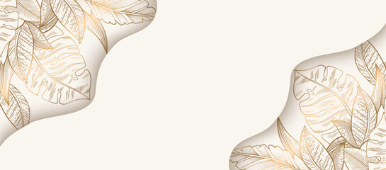 Vector illustration with gold trendy exotic palm and monstera leaves isolated on white background. Elegant luxury design template for card, wedding invitation, banner, poster, website