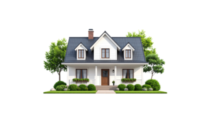 Image of a green residential house with a roof on a white background