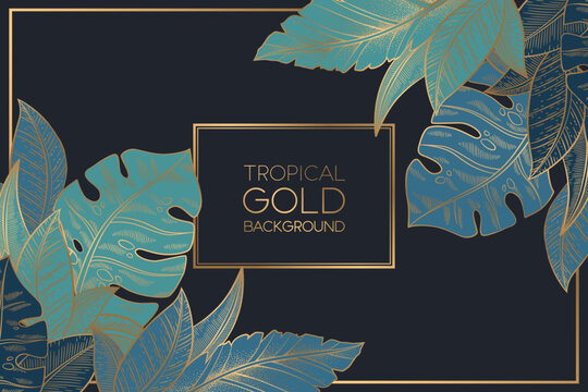 Vector illustration with abstract gold exotic palm and monstera leaves isolated on black background. Elegant luxury line art design template for card print, wedding invitation, wallpaper