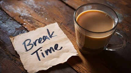Break time note with cup of tea on rustic wooden table.