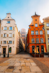 Gdansk with Motlawa river in Poland. Old town colourful house with saint Marys church i main square.