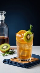 Fototapeta premium Refreshing iced cocktail with kiwi, orange slices, and rosemary garnish