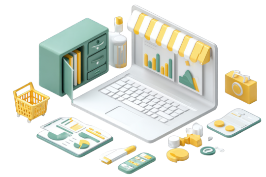 Flat illustration of a laptop with shop front, office supplies, and data charts
