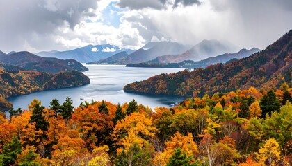 A breathtaking vista of a mountain lake in autumn, showcasing vibrant fall foliage draped across the hillsides, a serene blue lake, and distant snow-capped peaks under a dramatic cloudy sky.