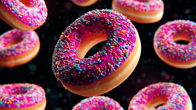 Colorful sprinkle donuts floating in cosmic space
