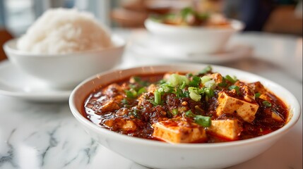Fototapeta premium Spicy mapo tofu served with steamed rice.