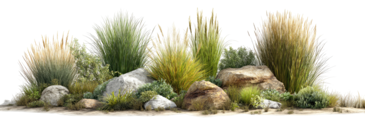 Dryland garden with grasses and rocks.  Variety of light and dark green grasses and shrubs, with large, light gray rocks.  Dry, desert-like landscape