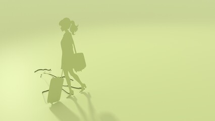 Woman silhouette. Young female traveler walking with baggage goes on vacation. Concept of an urban transportation and travel or lifestyle blogs. Paper cut style. 3D render.