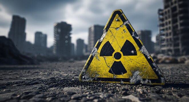 The nuclear hazard sign stands as a stark reminder of potential danger in the ruined city.
