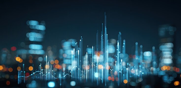 Abstract cityscape with digital data overlay. Blurry city lights layered with glowing, translucent lines and shapes, suggesting  information flow and urban development - Powered by Adobe