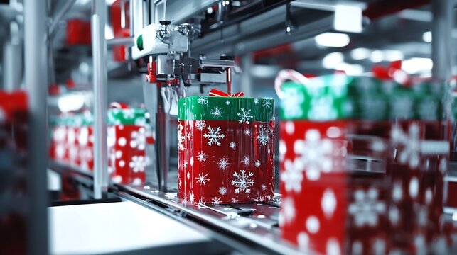 High tech packaging machine in a festive factory setting wrapping holiday themed products in red and green packaging with snowflakes perfect for the Christmas season