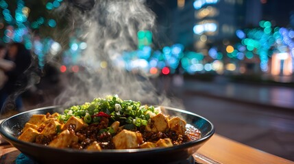 Steaming mapo tofu served outdoors with city lights at night.
