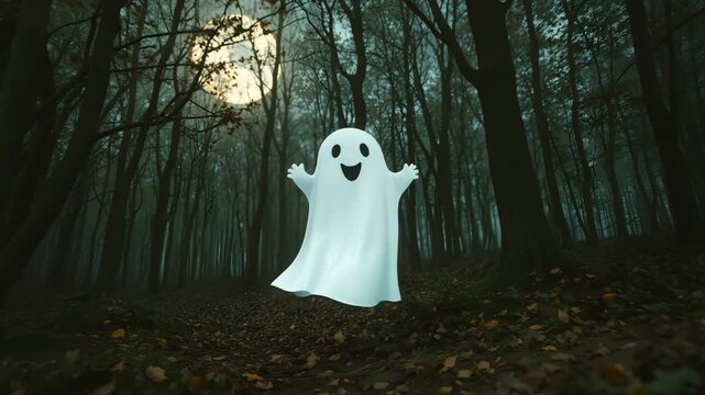 Happy little ghost floating in mystery halloween forest. Slow zoom in with happy ghost moving up and down, 4K Video