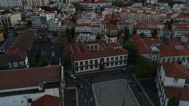 Aerial Drone Shot of Pa&ccedil;os do Concelho do Funchal and Pra&ccedil;a do Munic&iacute;pio in Funchal, Madeira, Portugal at Sunrise