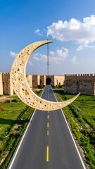 Crescent moon over a road to a fortress