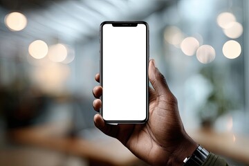A hand holds a smartphone with a blank screen, in a softly lit cafe setting