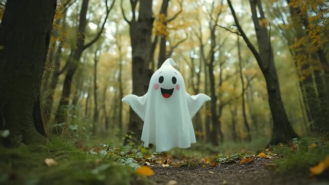 Happy little ghost floating in mystery halloween forest. Slow zoom in with happy ghost moving up and down, 4K Video