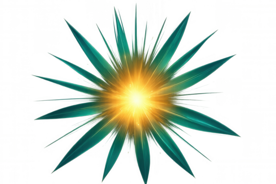 Teal pointed petals radiating around vibrant yellow light center on transparent backdrop