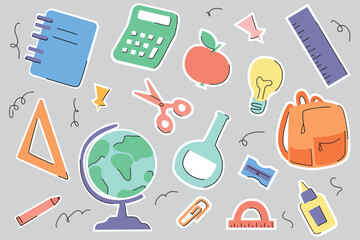 Set of school supplies and educational stickers. Back to school. Backpack, globe, ruler, pencil, calculator, bulb, glue, apple, light bulb. Suitable for printing, postcards. Vector.