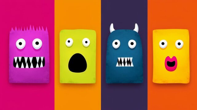 Colorful monster characters with exaggerated facial expressions transition through a playful sequence, showcasing vibrant designs and unique features, capturing the essence of animated fun and creativ