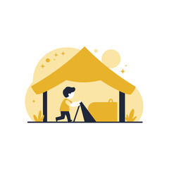 A small child is setting up a tent, preparing for a camping trip.