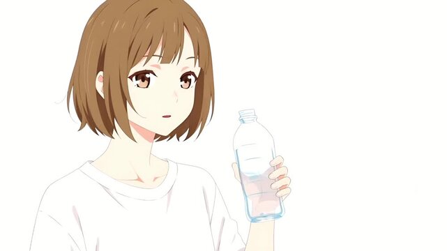 アニメ風キャラクターがカップで飲む横向き2Dループアニメーション。さりげない飲み動作、無地のシンプル背景。イントロや解説動画、SNS、プレゼンのオーバーレイやBロールに最適。
