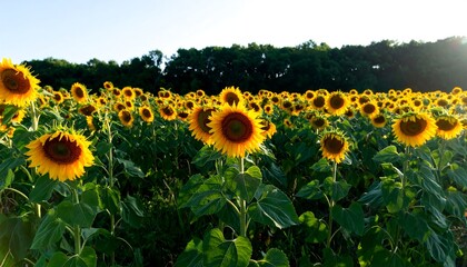 Obraz premium Expansive field of sunflowers basking in sunlight, with a dark treeline in the background