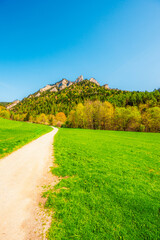 Peak Tri Koruny or Trzy Korony during day with green meadow and trees in spring. Pieniny National park in Slovakia and Poland