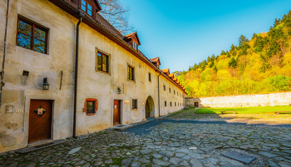Medieval monastery Cerveny Klastor near Peak Tri Koruny or Trzy Korony in Pieniny National park in Slovakia and Poland © Zedspider