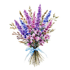 Obraz premium a delicate watercolor painting depicts a vibrant bouquet of lavender tied with a light blue ribbon against a white background.