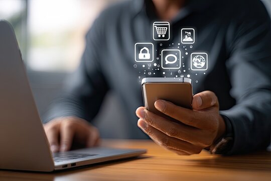 Person using a smartphone with digital icons overlay