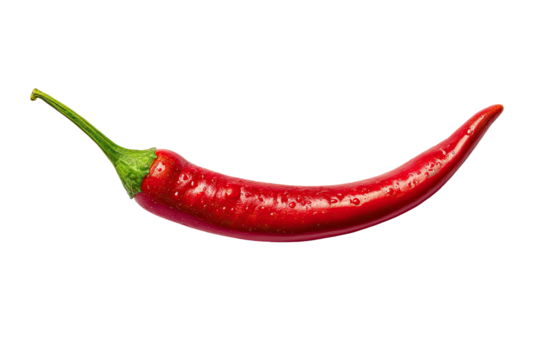 Close-up of a single, vibrant red chili pepper,  smooth skin, showing moisture