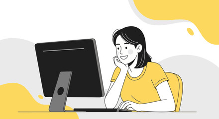 Woman Smiling And Looking At Computer Screen, Online Work And Study Illustration