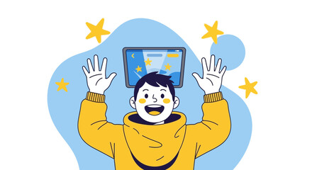 Fototapeta premium Young Boy Embracing Technology and Celebrating Success on Digital Tablet with Stars