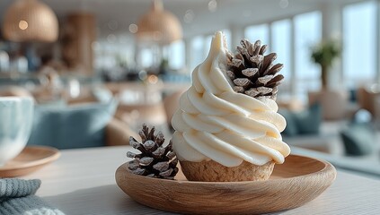 Creamy frozen dessert on a wooden plate, garnished with pine cones, sits on a table in a bright, modern cafe