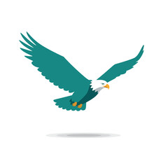Fototapeta premium Teal eagle in flight, wings outstretched, soaring majestically against a white background.