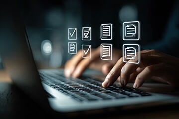 Hands typing on a laptop keyboard, with document and checklist icons overlayed