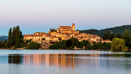 Lakeside village at sunset, reflected in calm waters