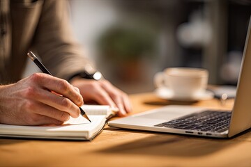 Close-up of hands writing in a notebook, beside a laptop and coffee cup