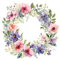 a delicate watercolor wreath of pink, purple, and blue wildflowers with lush green foliage encircles a blank white space.