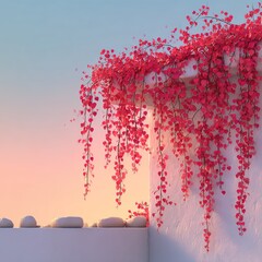 Pink flowering vines cascade over a white wall against a soft sunset
