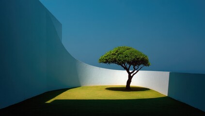 Solitary tree in a minimalist, curved white wall courtyard, bathed in sunlight